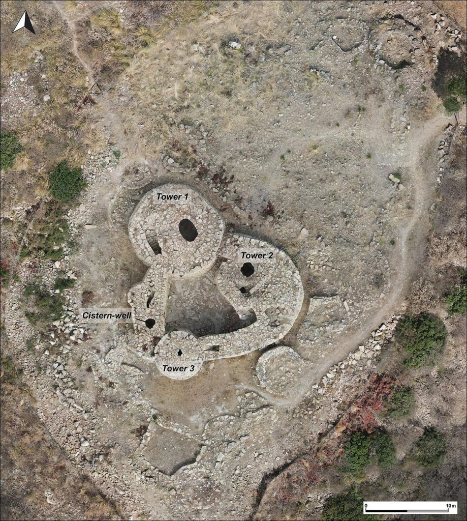 The Nuragic complex of Barru with the cistern-well. The multi-towered nuraghe is surrounded mainly by circular huts. Credit: University of Tübingen
