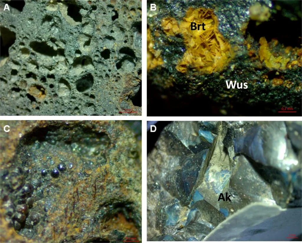 M28: Pumiceous slag texture. M45: Barite crystals in wüstite groundmass. M58: Iron prills in wüstite gas bubbles. M60a: Bluish akermanite crystals. Credit: G. Stamatakis et al. 2026