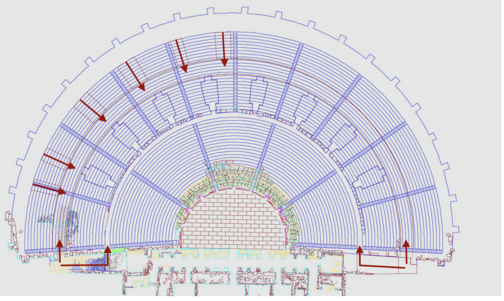 Architectural plan of the Theatre of Teos showing the second-phase circulation scheme. Credit: Eroğlu, C., 2026, Arkeoloji Dergisi