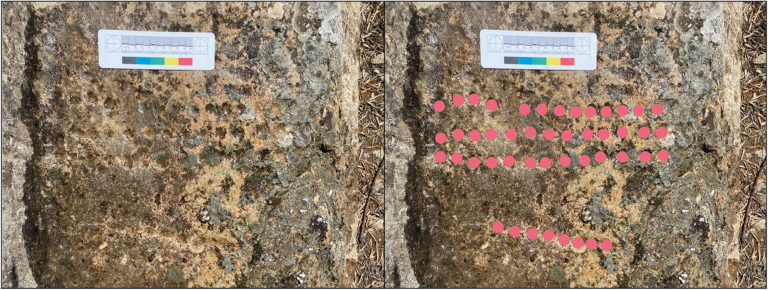 The gameboard in the hammam at Walīla (left), with mark-up showing position of holes (right) (INSAP-UCL Volubilis Archaeological Project). Credit: Penn, T., et.al., 2026
