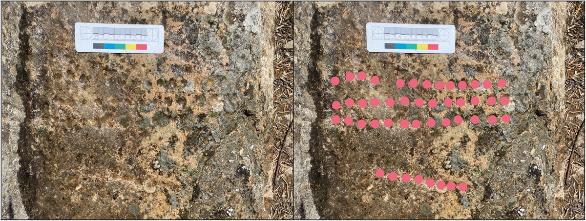 The gameboard in the hammam at Walīla (left), with mark-up showing position of holes (right) (INSAP-UCL Volubilis Archaeological Project). Credit: Penn, T., et.al., 2026
