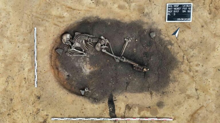 Credit: A Corded Ware Culture burial discovered inside a kiln pit at Gerstewitz. Photo: Christian Pabst. © State Office for Heritage Management and Archaeology Saxony-Anhalt.