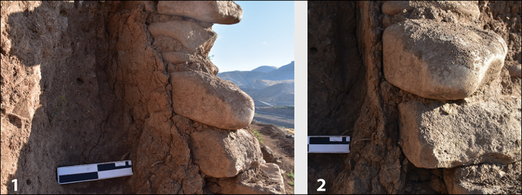 Clay used as a building material at Çemka: 1) a clay coating on a stone wall; 2) mudbrick (photograph by E. Kodaş). Credit: Kodaş, E., et. al., 2026