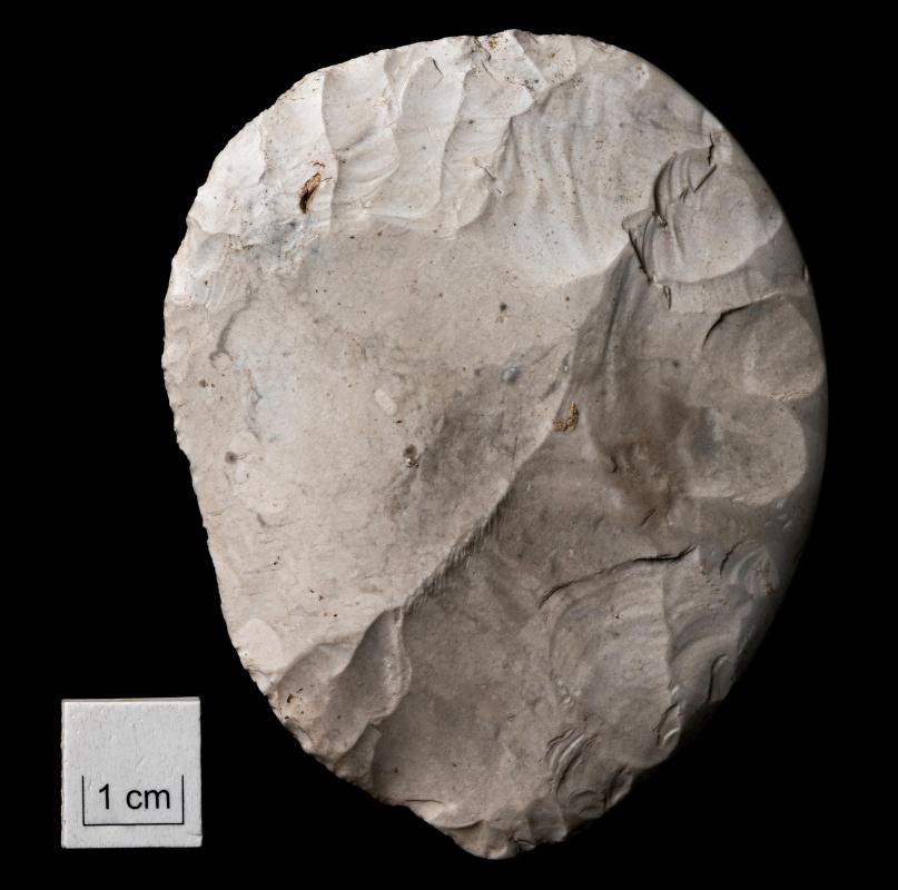 Disc-shaped flint knife found at Bulford by Phil Harding. Credit: © Wessex Archaeology