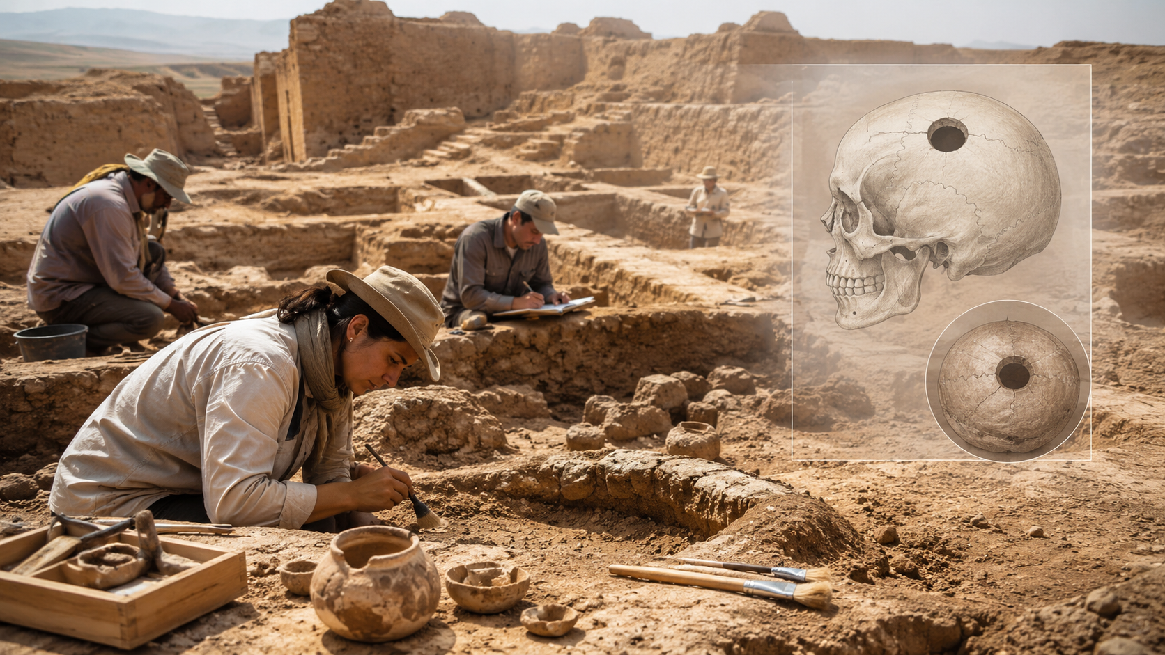AI-generated illustration of an archaeological excavation at Djarkutan in Uzbekistan.