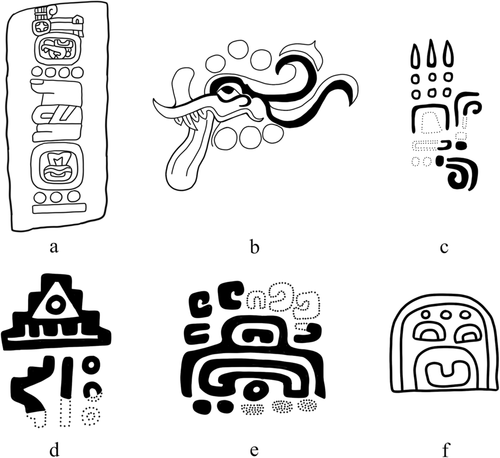 Early Mesoamerican numeration and dot motifs: (a) Monte Albán Stela 12 (MA-D-139) from Building L, dated to 500–300 BC; (b) Oxtotitlán Cave Painting 3; (c) flat stamp from the Francesa phase at Chiapa de Corzo; (d) stamp from the Francesa-Horcones phase at Chiapa de Corzo; (e) stamp from the Francesa-Guanacaste phase at Chiapa de Corzo; and (f) motif on the “Young Lord” statuette. Drawings by Stephanie Strauss, based on earlier published illustrations by Urcid and Joyce, Grove, Lee, Bachand et al., and the Princeton Art Museum.