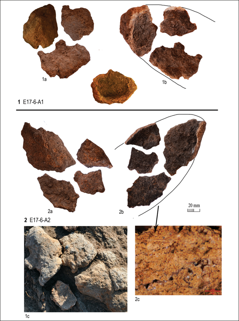 Fragments of clay coating that probably once covered organic objects (photographs and drawings by N. Petrova; photograph 1c by E. Kodaş).  Credit: Kodaş, E., et. al., 2026