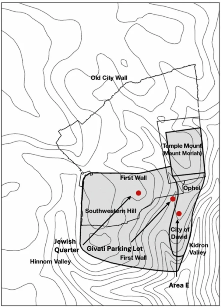 Map of Late Hellenistic Jerusalem, dated to the mid-second to mid-first century BCE, showing the approximate locations of the City of David, the Jewish Quarter, and the Givati Parking Lot excavation areas, with the line of the Old City walls indicated. Credit: Hochma et al., 2026.
