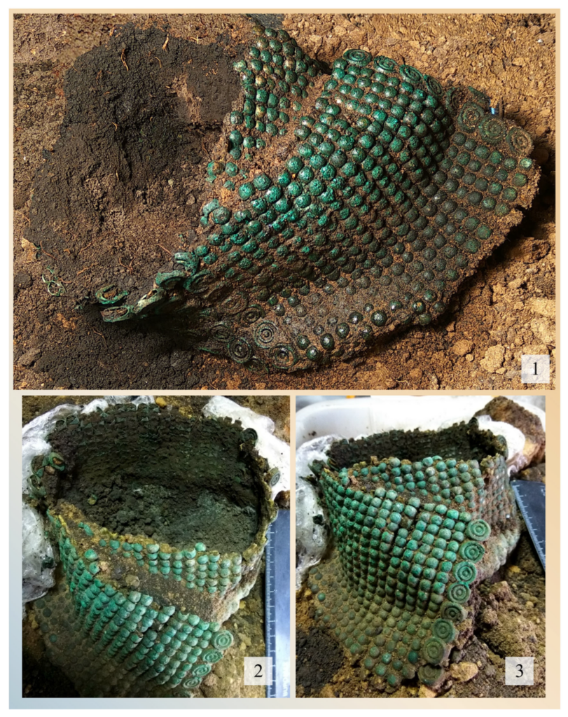 Leather belt from Burial 1, barrow no. 1/2017: (1–3). Views of the belt during cleaning in the laboratory (Photos by Iryna B. Shramko, Stanislav A. Zadnikov). Credit: Shramko, I. (2026)