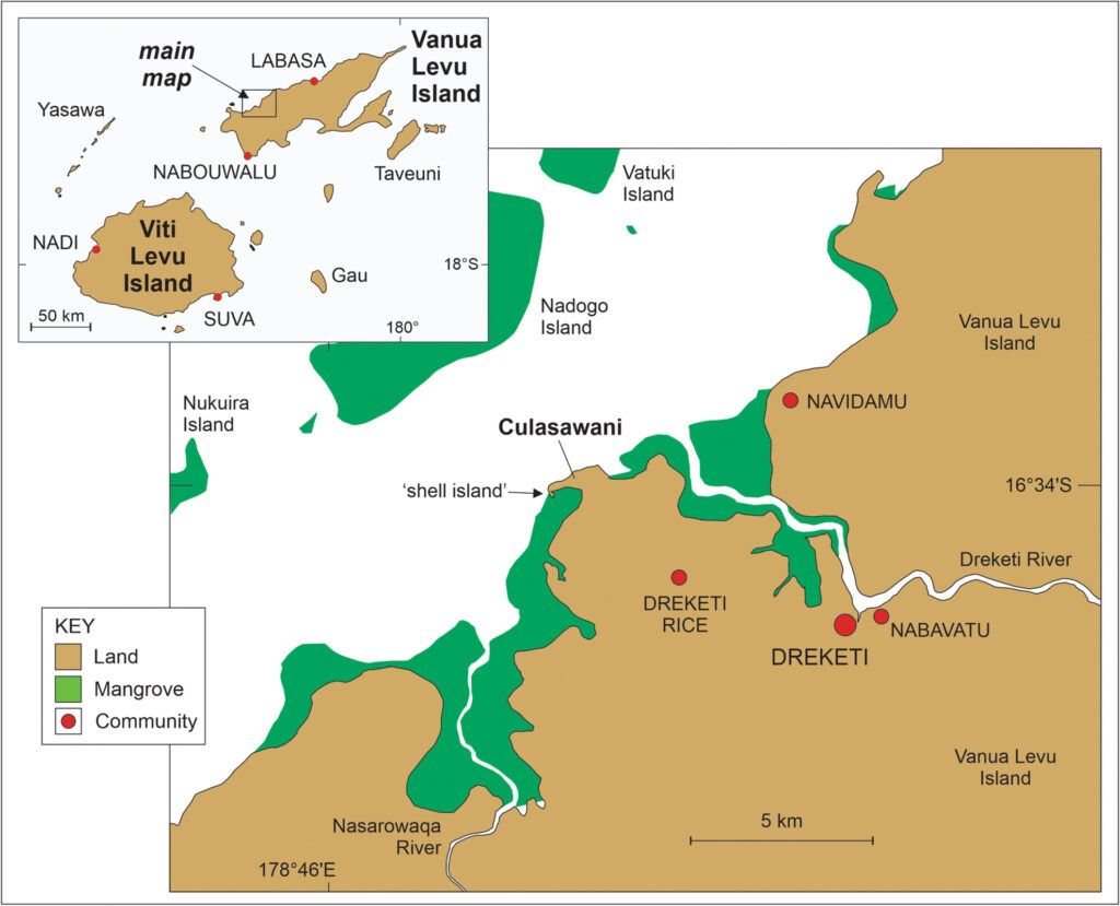 Location of the Culasawani shell island site on the north coast of Vanua Levu Island in Fiji; inset shows the location of the main map within the Fiji Group. Credit: Nunn, P. D., et.al., 2026