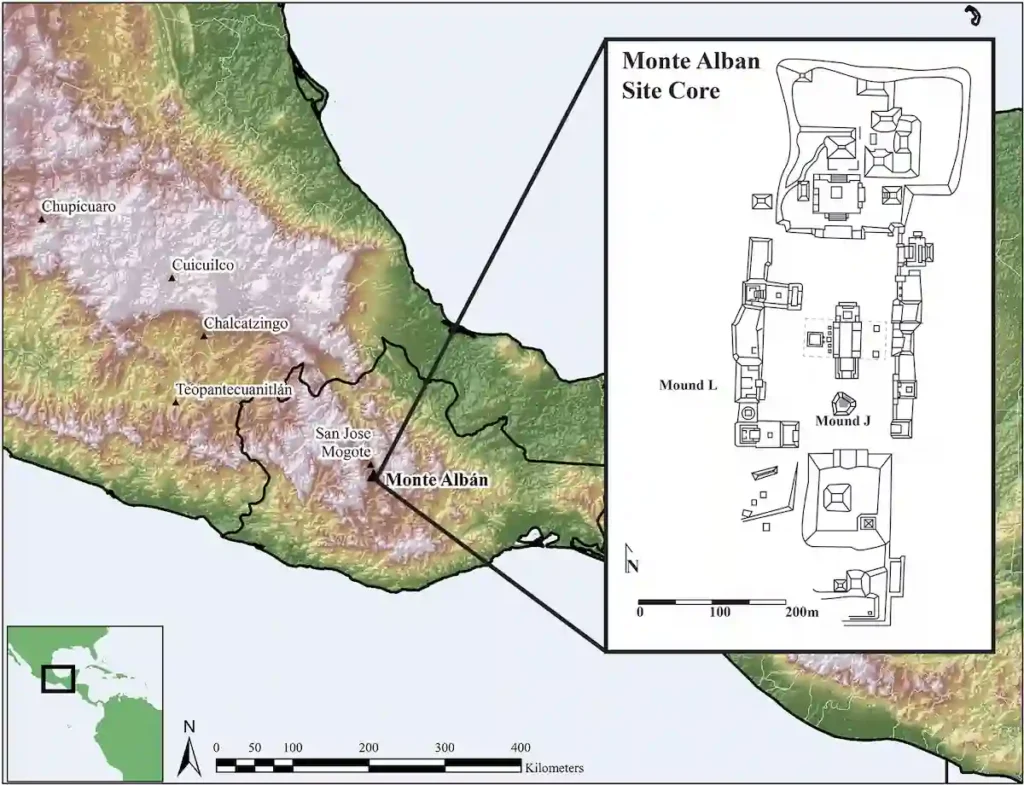 
Map of Oaxaca showing the location of Monte Albán and the core of the ancient Zapotec site, including key plaza structures and Mound J. Based on Urcid (2001), Levine et al. (2021), and Urcid and Joyce (2014). Credit: J. Justeson, J.P. Lowry, 2026