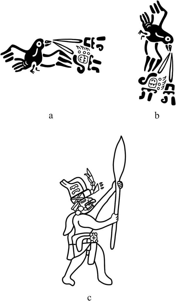 Middle Preclassic stringed dots: (a) San Andrés cylinder, horizontal orientation; (b) San Andrés cylinder, vertical orientation; (c) detail of Chalcatzingo Monument 2. Drawings by Stephanie Strauss after (a and b) Pohl et alia (Reference Pohl, Pope and von Nagy2002:Figure 2) and (c) Grove (Reference Grove1984:Figure 9).