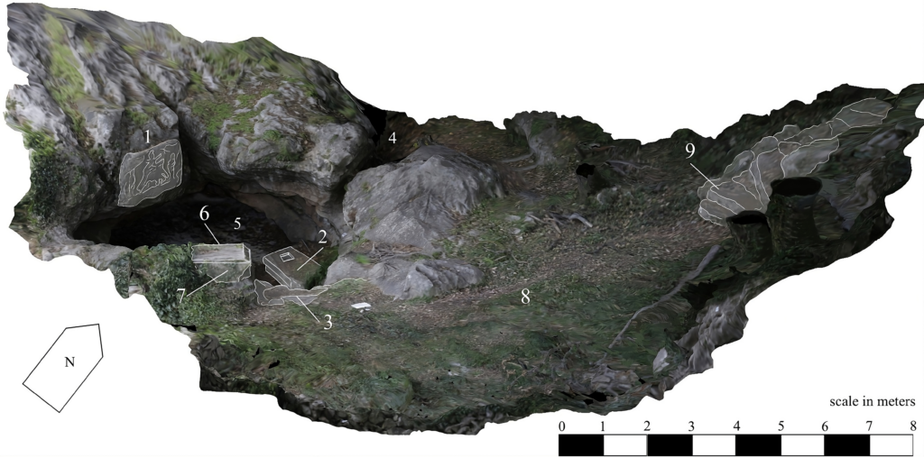Photogrammetric model of the Močići Mithras sanctuary, showing the main features of the site: the bull-slaying relief of Mithras, the modern concrete wellhead, rock-cut steps, a natural fissure, the modern cave floor, the damaged relief of Silvanus, a concrete feature, the open clearing, and the steps leading into the clearing. Model by Ian Wilson and Matthew McCarty. Credit: Ian Wilson and Matthew McCarty, 2026,