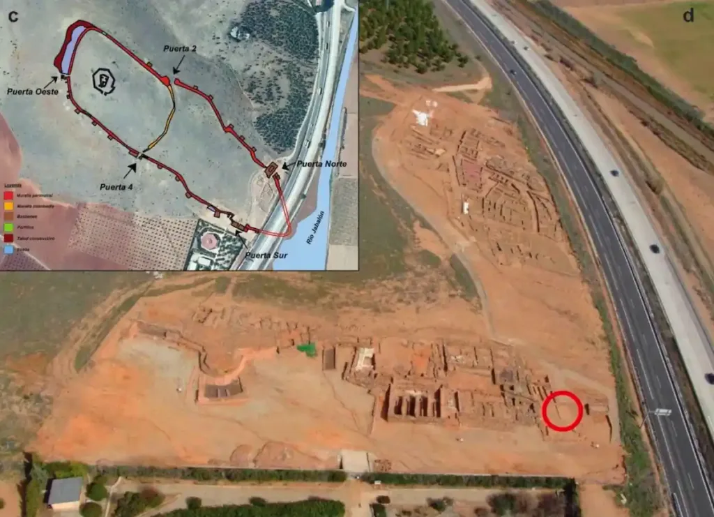 Plan of the settlement’s walls and gates, and Aerial view of the site with the red circle marking the location of the findings. Credit: Herrerín, J., et al. 2026