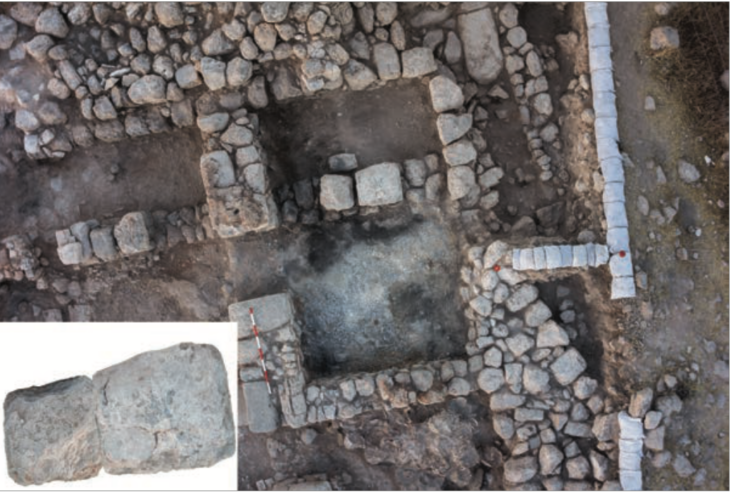 Aerial view of Room 101B after excavation, showing the large stones left in situ. Inset: the two matching segments of the standing stone were digitally joined to show their similar size, proportions and indentation. Photo: Griffin Aerial Imaging; inset prepared by Dvir Rotem. Credit: Faust, A. (2026)