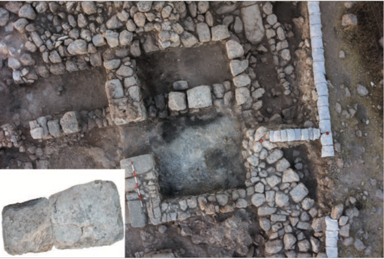 Aerial view of Room 101B after excavation, showing the large stones left in situ. Inset: the two matching segments of the standing stone were digitally joined to show their similar size, proportions and indentation. Photo: Griffin Aerial Imaging; inset prepared by Dvir Rotem. Credit: Faust, A. (2026)