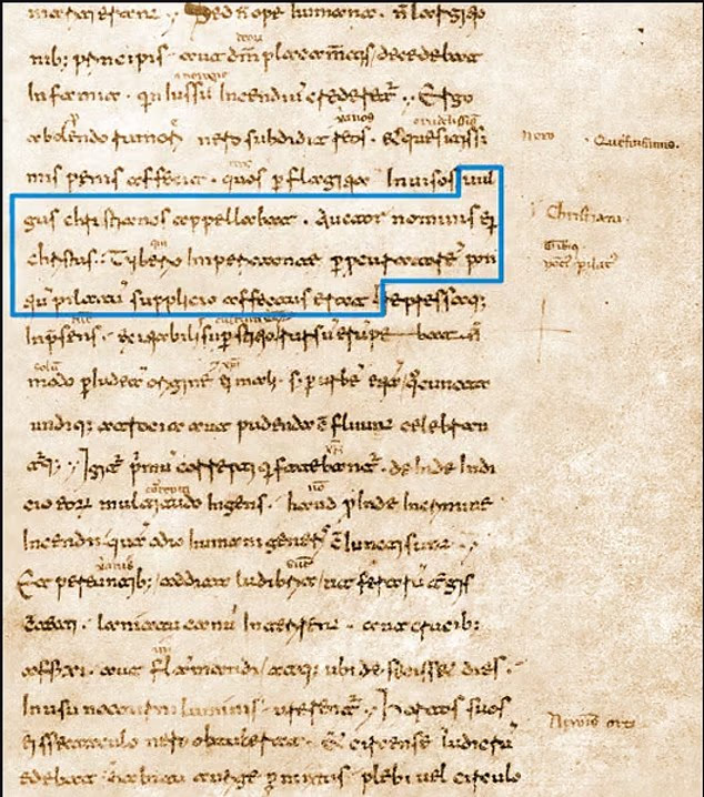 
The highlighted passage contains Tacitus' reference to Christians, stating that their founder, Christ, was executed during the reign of Emperor Tiberius by the Roman governor Pontius Pilate.  Credit: Codex Mediceus 68 II, fol. 38r, the Biblioteca Medicea Laurenziana, Florence, Italy.