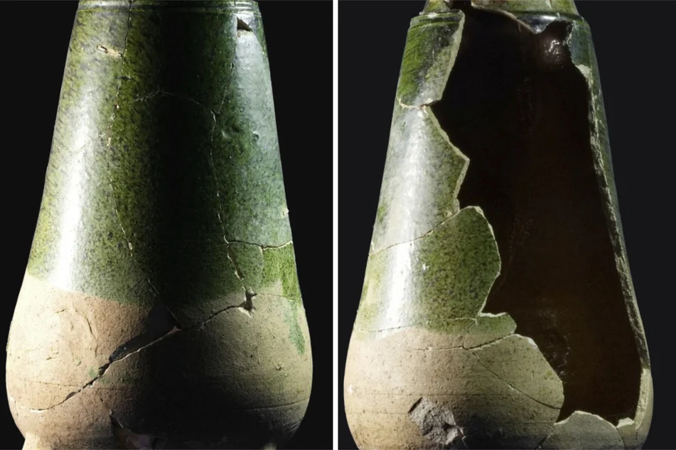 The ceramic vessel is partly green-glazed on the outside and yellow-glazed inside. Credit: © PR/Sven Kretzschmar, Landesamt für Archäologie Sachsen.
