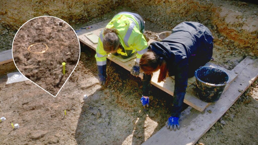 The muddy excavation paid off: archaeologists uncovered gold. Credit: Thomas Kurella, hr