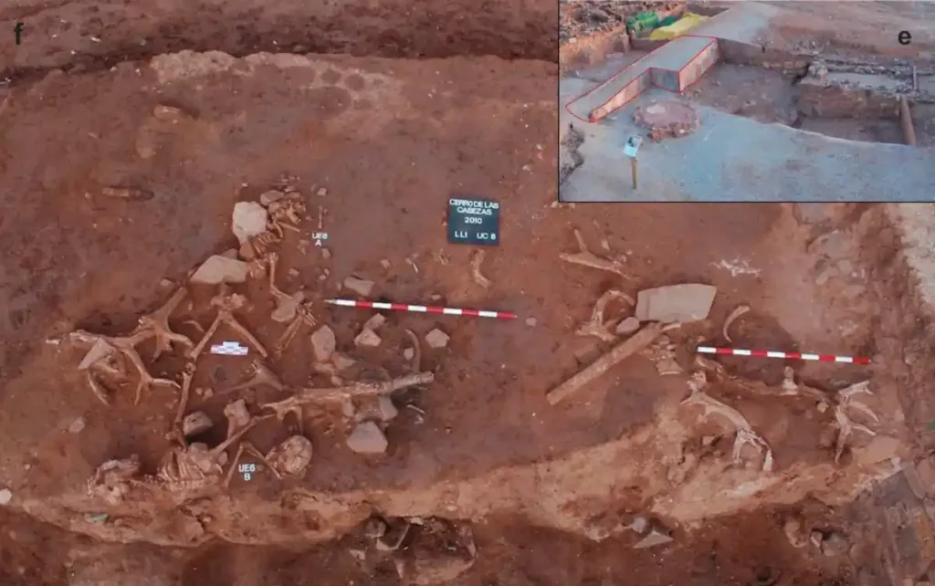 The older ramp (in red) beneath which the remains of the two studied individuals were discovered, and a photograph of the discovery in situ. Credit: Herrerín, J., et al. 2026