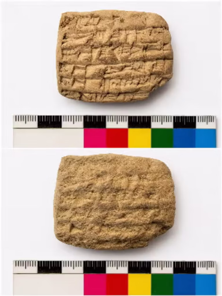 A cuneiform tablet from the Lower Town East palace is shown before and after expert conservation. The tablet is part of a group of administrative texts discovered during excavations at Kurd Qaburstan. Credit: Carmen Gütschow/Kurd Qaburstan Project