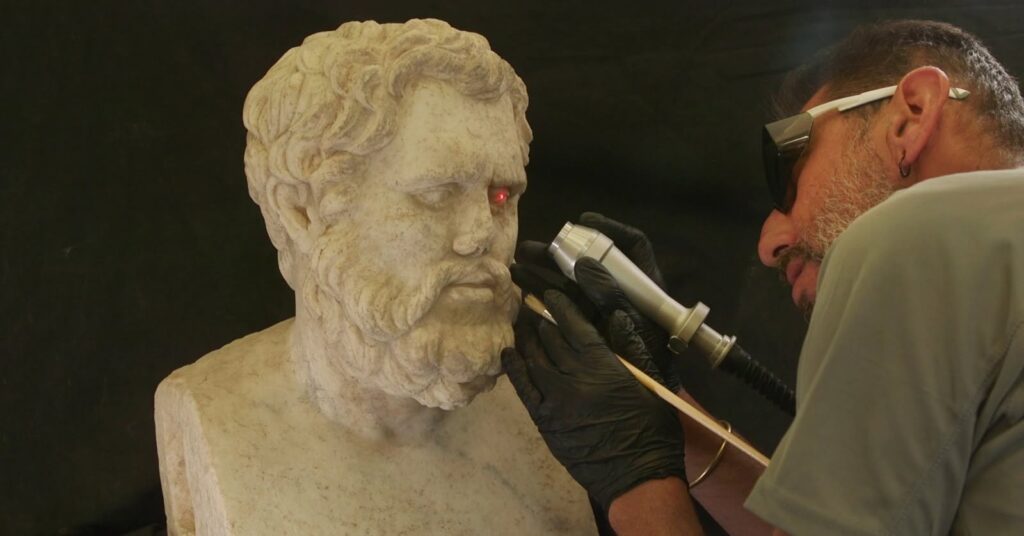 The marble busts were found face down inside a disused Roman-Byzantine winepress near Binyamina. Credit: Emil Aladjem, Israel Antiquities Authority