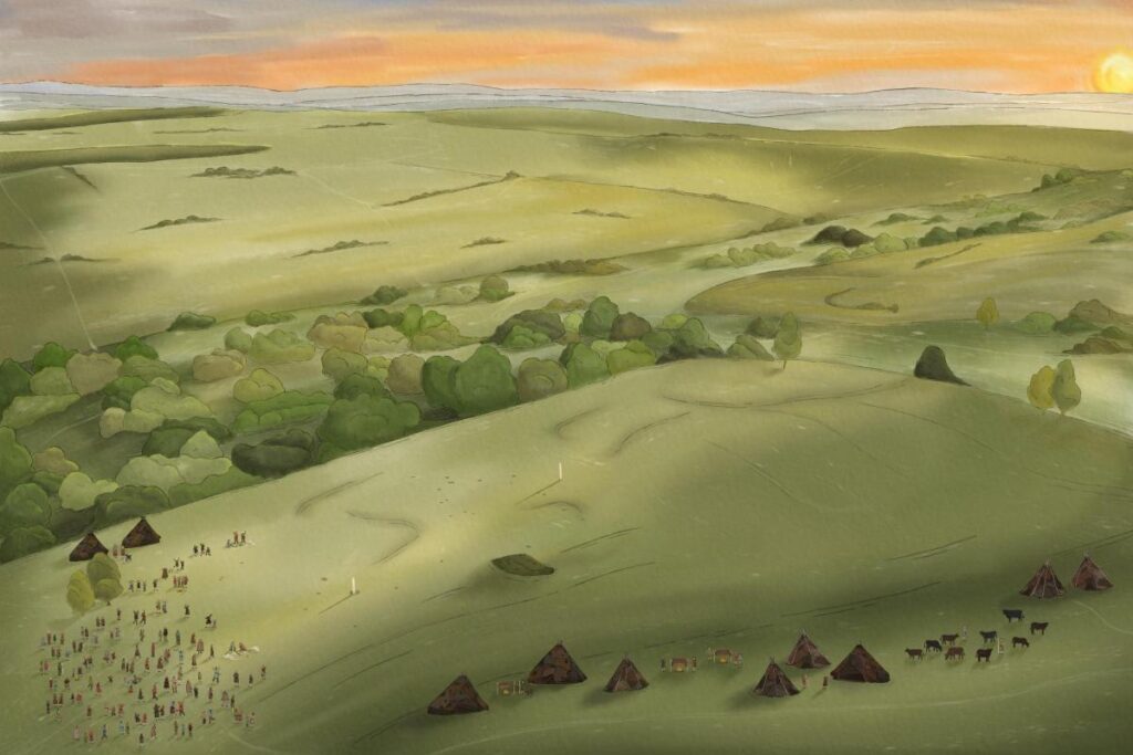 Reconstruction of summer solstice celebrations as they might have appeared at Bulford 5000 years ago. Credit: © Wessex Archaeology