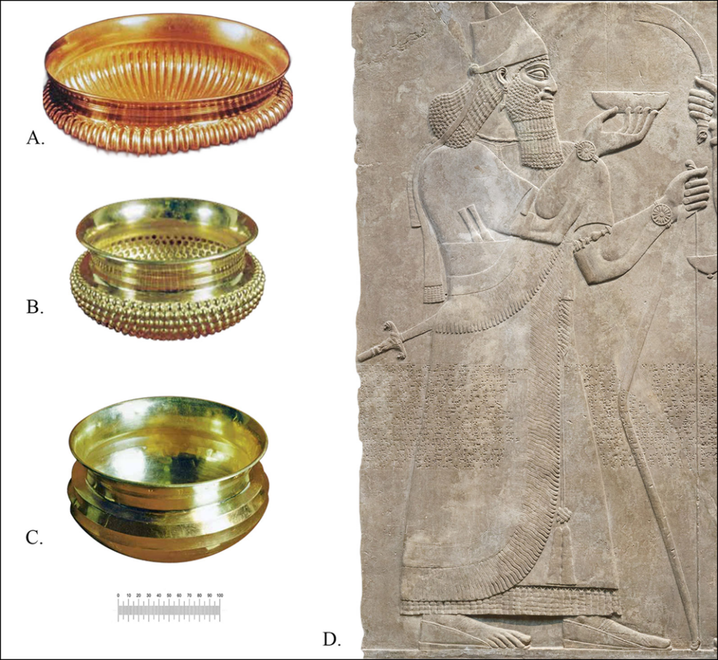 Archaeological and figurative examples of Assyrian bowls: A–C) bowls from Nimrud Tomb II (adapted from Hussein Reference Hussein2016: pl. 40); D) part of a relief panel from the palace of Ashurnasirpal II in Nimrud (Met Museum). Credit: Bonfanti, A. S., et al. 2026