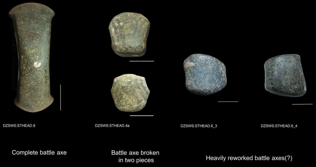 Battle axes from Upton Lovell G2A at different stages of use; scales = 30mm (figure produced by C. Tsoraki; photographs courtesy of Wiltshire Museum, Devizes). Credit: Crellin RJ, et al. 2023