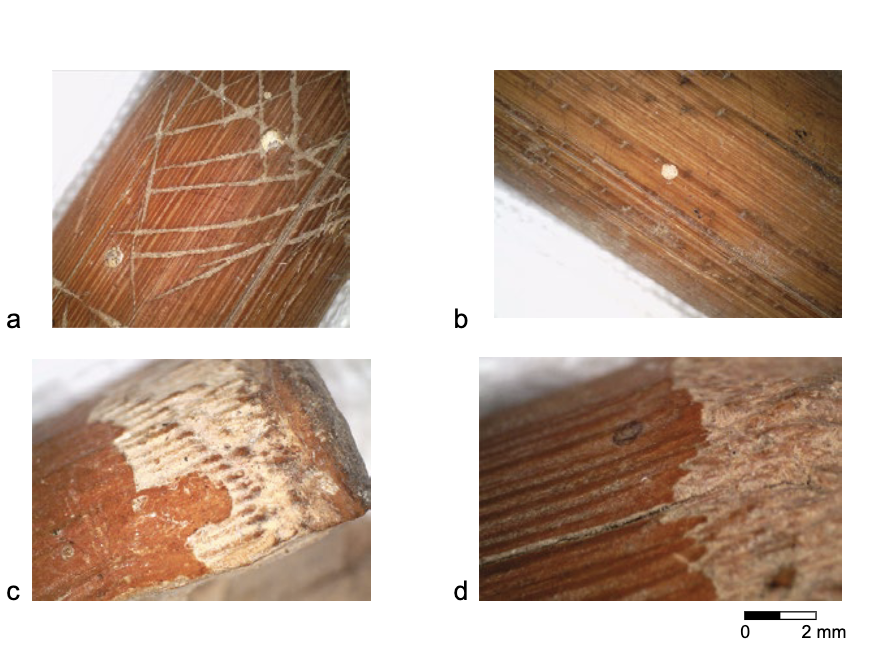 
Closeups of the reed object: a) incised lines; b) incised dots; c) abraded end of the reedwith signs of repeated rubbing; d) black remains of possible adhesive (photos by Miriam Lavi) Credit: Susnow, M., Porat, R., & Davidovich, U., 2026