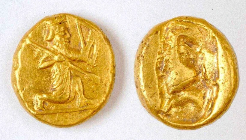 According to the ancient historian Xenophon, each of these gold coins, known as darics, was worth roughly one month’s pay for a mercenary soldier. Credit: Notion Archaeological Project