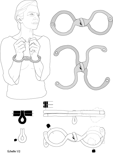 Reconstruction of the wrist shackles. Their diameter of less than 6 cm suggests they were used on women or children. Credit: Elven Le Goff, Inrap