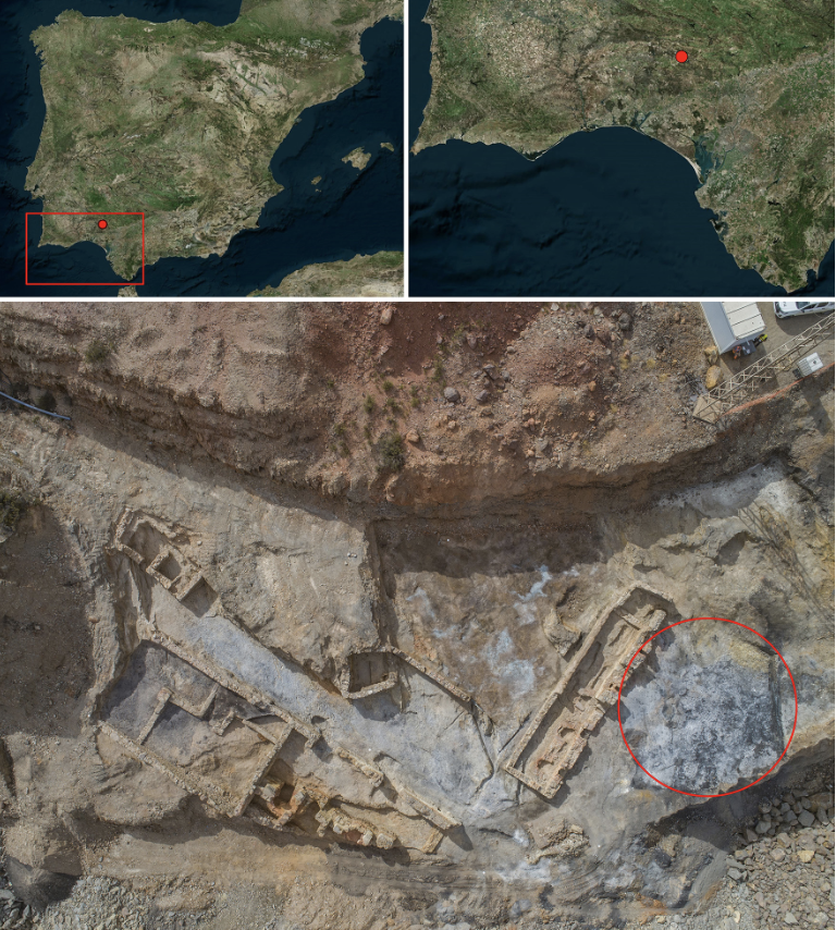 Map showing the location of Riotinto and an orthophoto of the Nuevo Filón Norte 1 sector. Credit: Bustamante-Álvarez et al., 2026