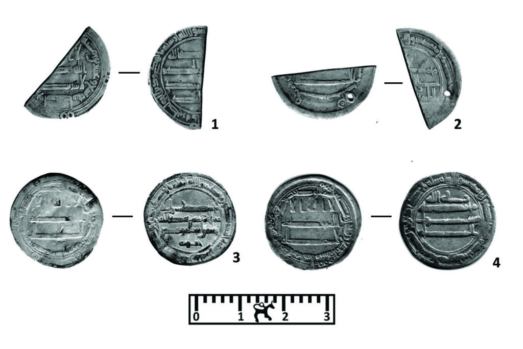 Selected dirhams from the hoard: 1 – Umayyad, Marwan II, Wasit, AH 129 (AD 746/747); 2 – Abbasid, al-Mahdi, Basra, AH 161 (AD 777/778); 3 – Abbasid, Harun al-Rashid, Madinat Nishapur, AH 193 (AD 808/809); 4 – Abbasid, al-Amin, Madinat al-Salam (Baghdad), AH 194 (AD 809/810).Credit: E.B. Zaltsman, A.A. Gomzin, N.A. Makarov -Sambian Archaeological Expedition of the Institute of Archaeology of the Russian Academy of Sciences