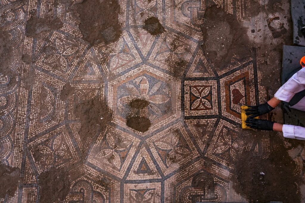 Mosaics uncovered during excavations at the ancient city of Smyrna, featuring geometric patterns alongside various plant motifs, including a heart-shaped ivy leaf, Izmir. Credit: AA