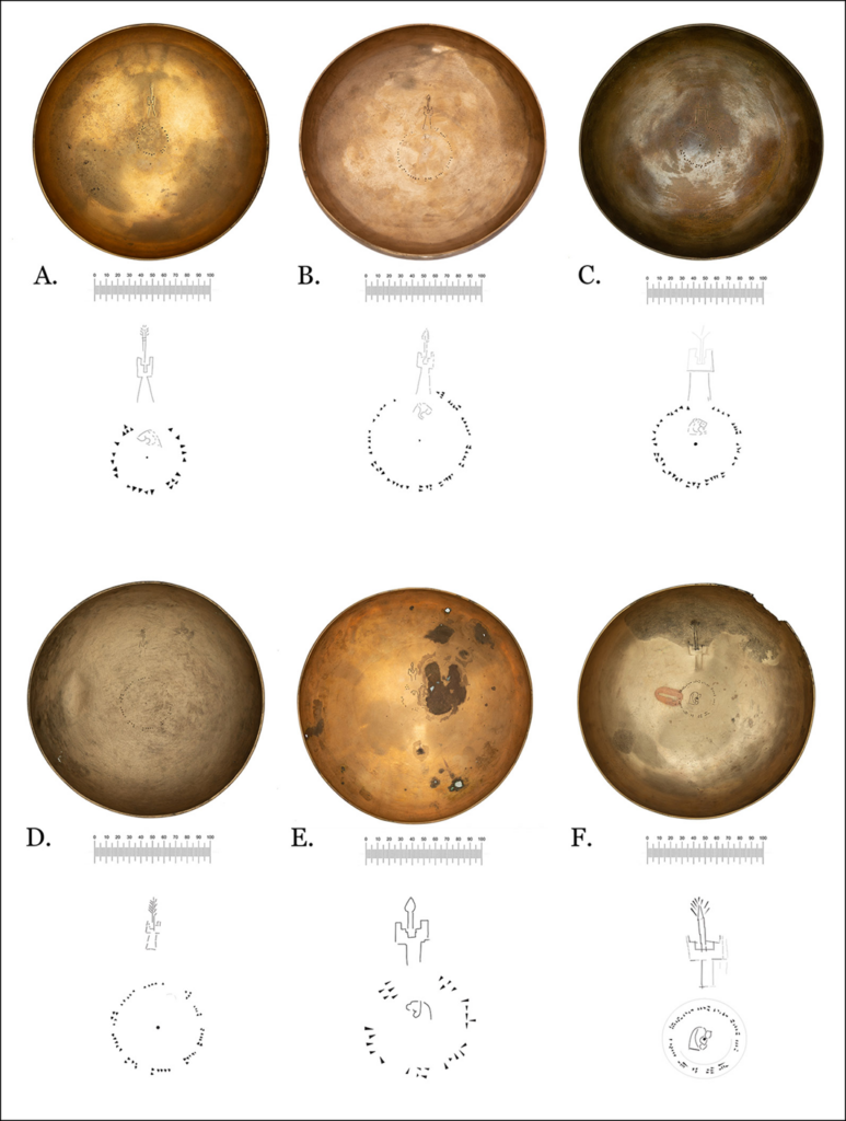 Bowls with ‘crystallised’ iconography of the Susi temple and lion head belonging to kings named Sarduri (A–E) and Rusa (F) (adapted from Dan et al. Reference Dan2024). Credit: Bonfanti, A. S., et al. 2026