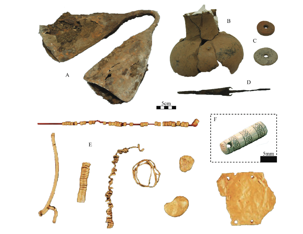  A variety of recovered items from Thulamela linked to trade and local crafts. A: a double metal gong, B: refitted ceramic vessel, C: spindle whorls, D: iron arrowhead, E: various gold items, and F: engraved ivory amulet (A–D courtesy Lynn Meskell and E & F from the SANParks archive). Credit: Forssman, T., et.al., 2026