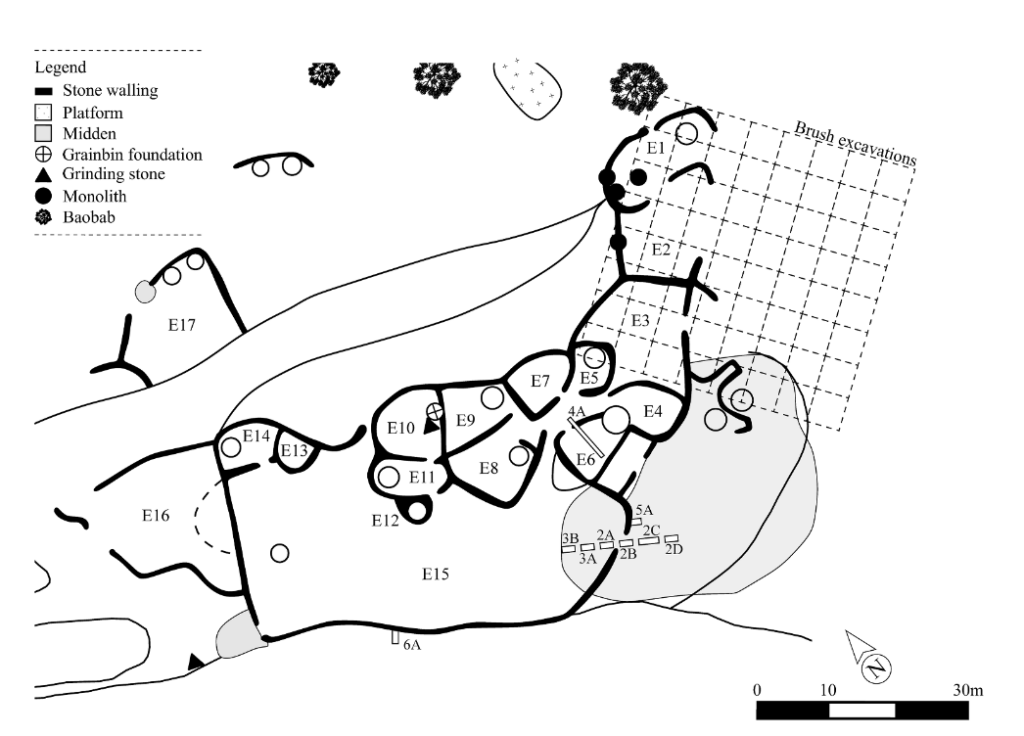 Thulamela’s walled complex with the excavations and brush excavations carried out bySidney Miller (1997), and others indicated (redrawn by author). Credit: Forssman, T., et.al., 2026