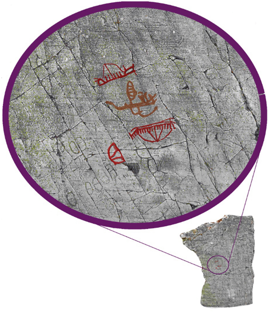 A rock-art panel showing more than 20 boat figures. Three of the boats examined in the study are highlighted in red, and a fourth with a possible sail-like feature is marked in brown. Credit: Díaz-Guardamino et al., 2026