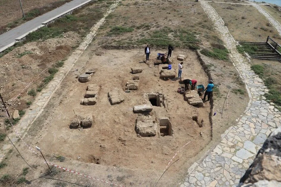 Aerial view of the necropolis at ancient Aigeai, where archaeologists have uncovered 10 Hellenistic and Roman-era tombs. Credit: AA