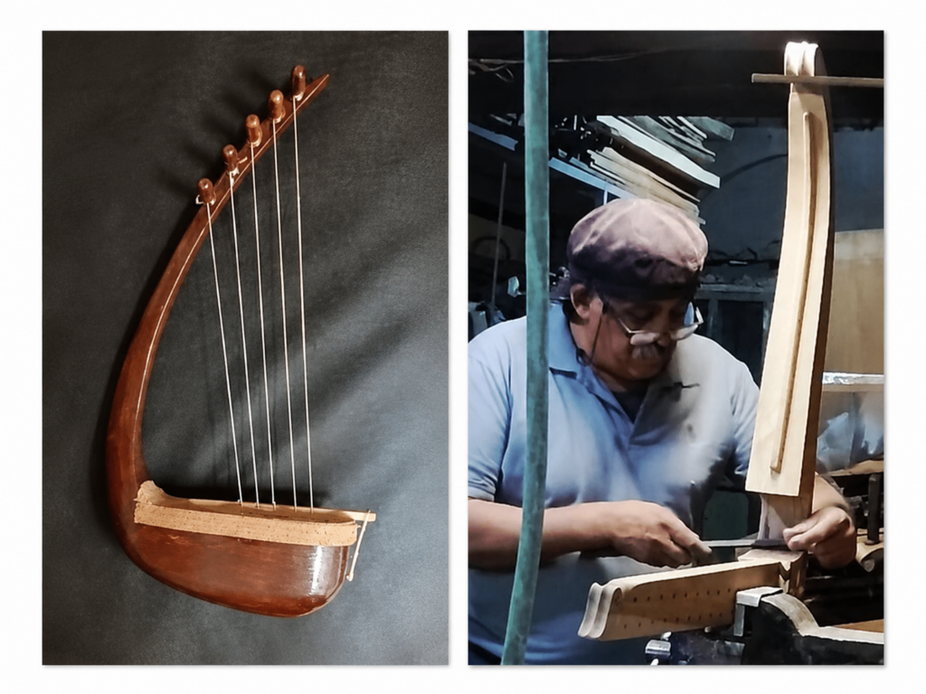 Bagherinejad's reconstructed curved harp, inspired by the ancient Chogha Mish seal. Abdolali Bagherinejad shaping the harp's wooden frame in his workshop.