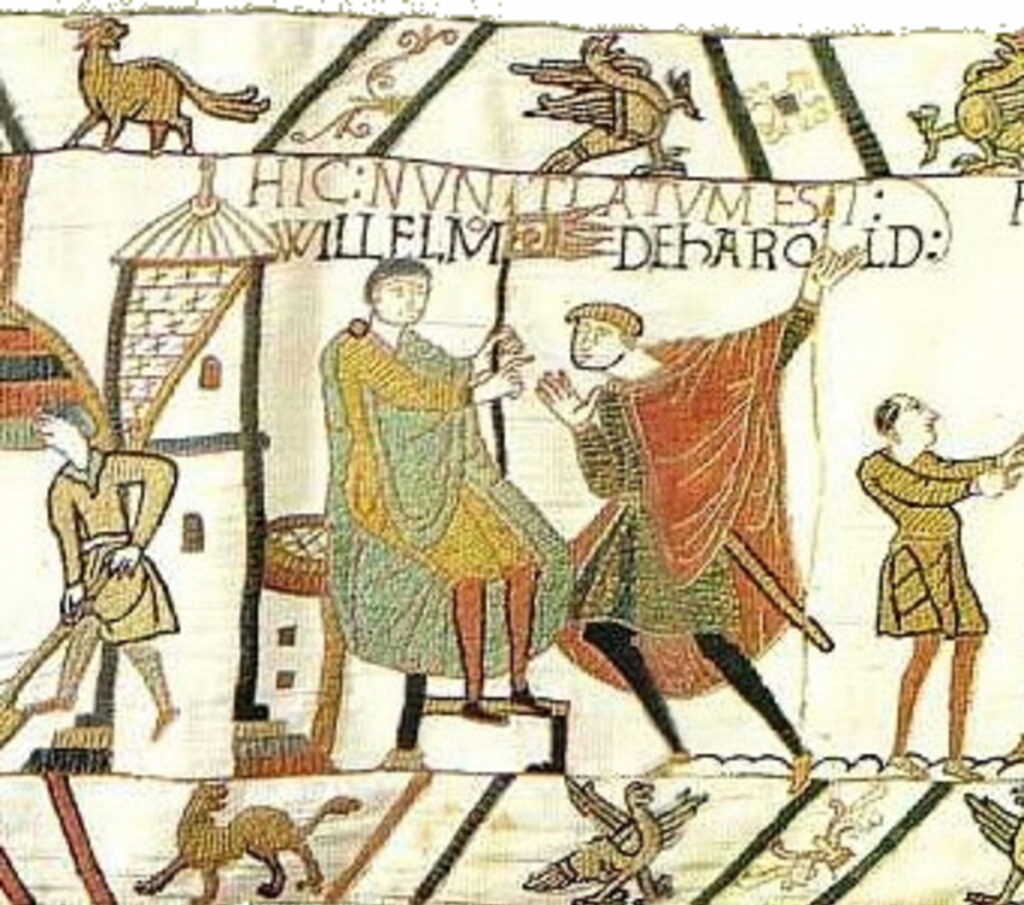 The Bayeux Tapestry: William the Conqueror holds a papal gonfalon with a golden cross, a gift from Pope Alexander II. Credit: Public Domain