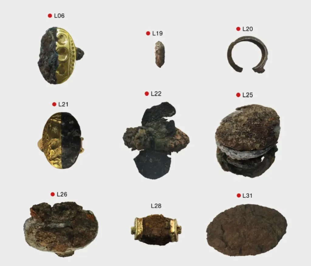 Selection of Bronze Age iron jewelry analyzed for the study. Red dots indicate the nickel-rich objects. Credit: France's National Museum of Natural History (MNHN)
