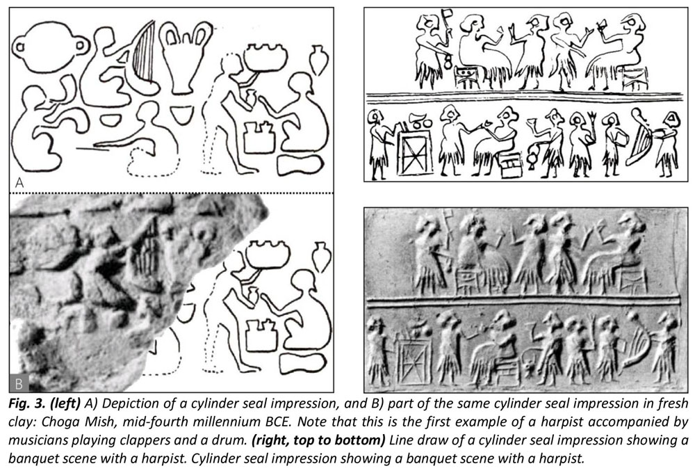 The original Chogha Mish cylinder seal impression (fourth millennium BCE) and comparative drawings, depicting the world's earliest known harpist and musical ensemble.