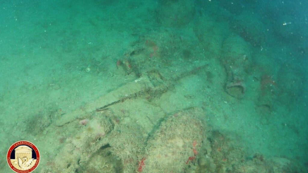 One of the lead anchor stocks documented at the Roman shipwreck site off Mazara del Vallo, where archaeologists also identified hundreds of Dressel 1A amphorae. Credit: Carabinieri per la Tutela del Patrimonio Culturale.