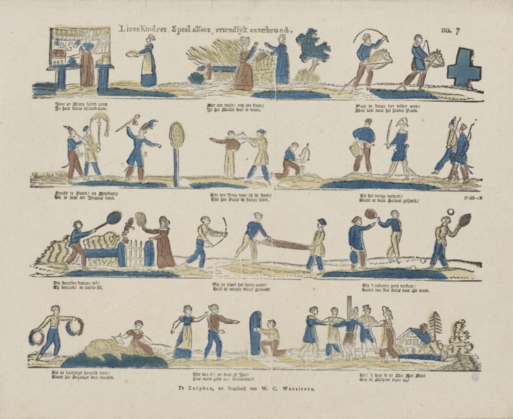 A 19th-century Dutch children’s print titled “Lieve kinderen, speel altoos, vriendlijk en verheugd” (“Dear children, always play, friendly and cheerful”) depicts children engaged in games and outdoor activities. The image offers a striking contrast to the lives of children who entered agricultural and industrial work at very young ages during the same period. Willem Carn Wansleven, 1806–1858. Credit: Tutwiler & Schats, 2026.