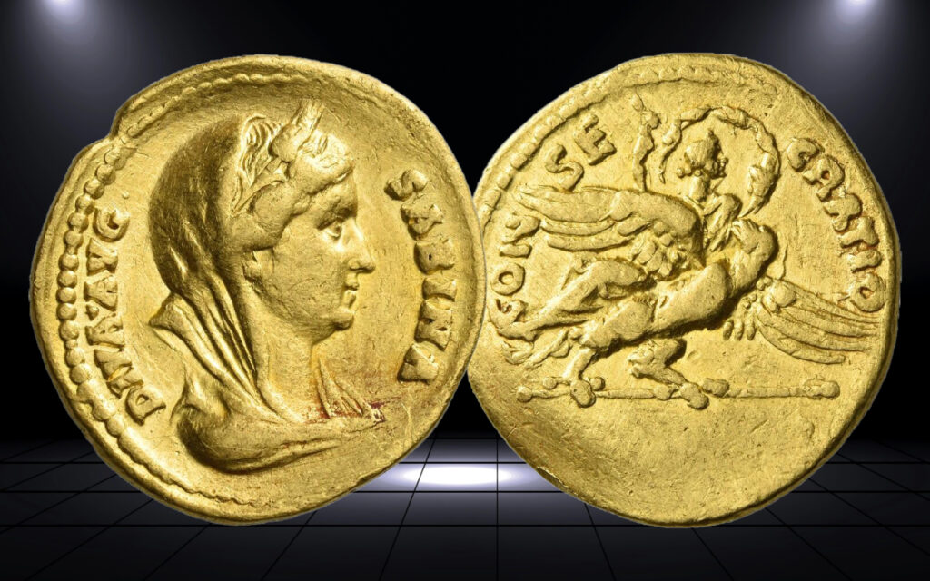 
Gold aureus of Empress Sabina. The obverse bears her portrait and the legend “DIVA AVG SABINA,” while the reverse shows the deified empress ascending to the heavens on Jupiter’s eagle, with the legend “CONSECRATIO.” Credit: Public Domain