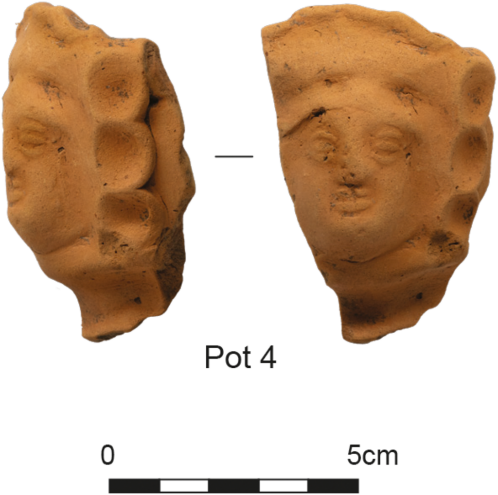 Hadham Ware face flagon fragment found immediately north of the Roman shrine at Red Lodge. Credit: Forshaw, A. (2026)