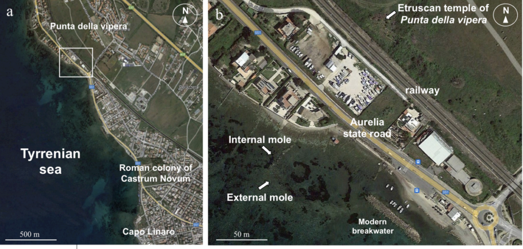 Localization maps showing (a) the Tyrrhenian coast between Punta della Vipera and Capo Linaro near Santa Marinella, north of Rome, and (b) a detailed view of the study area. Modified from Google Earth imagery. Credit: Giorgi et al. (2026), Journal of Cultural Heritage.
