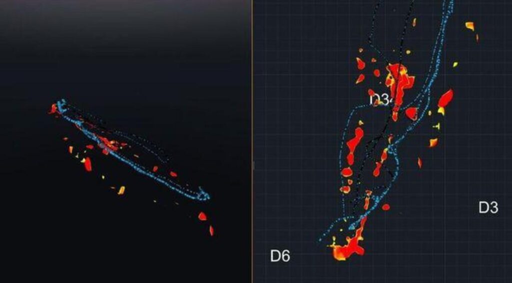 Ground-penetrating radar visualization showing subsurface anomalies detected beneath the Durupınar Formation, including irregular and linear features highlighted in red and yellow. The scans form part of the 2026 investigation into the site’s underground structure. Credit: İHA